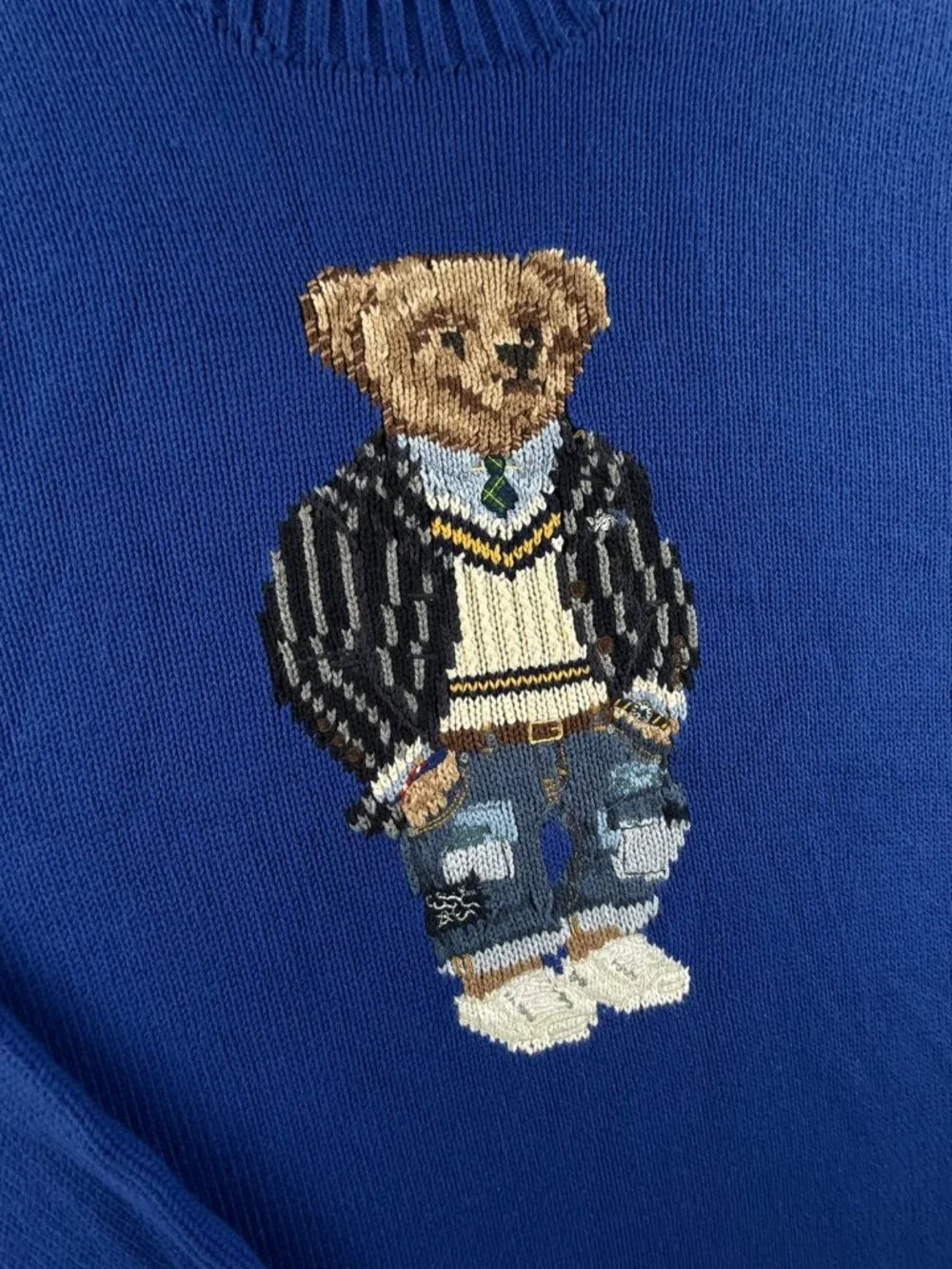 Polo Ralph Lauren Bear Cotton Sweater Blue 2XL QR Knit Pullover Preppy Drip